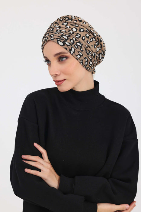 Chic Shirred Winter Turban Bonnet with Houndstooth & Leopard Prints, Cozy Patterned Winter Headwrap made from High Quality Fabric,B-13DIV