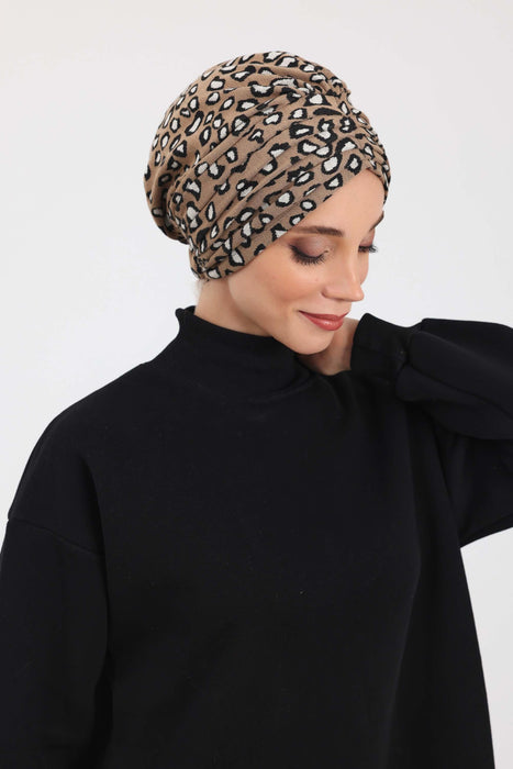 Chic Shirred Winter Turban Bonnet with Houndstooth & Leopard Prints, Cozy Patterned Winter Headwrap made from High Quality Fabric,B-13DIV