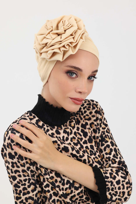 Elegant Rose-Detail Winter Turban Bonnet for Women, Soft Polyviscose Stretch Headwrap, Floral Accent Winter Turban Bonnet,B-21IV