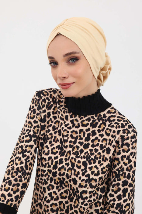 Elegant Rose-Detail Winter Turban Bonnet for Women, Soft Polyviscose Stretch Headwrap, Floral Accent Winter Turban Bonnet,B-21IV