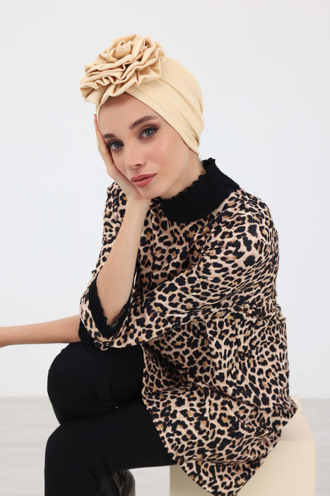 Elegant Rose-Detail Winter Turban Bonnet for Women, Soft Polyviscose Stretch Headwrap, Floral Accent Winter Turban Bonnet,B-21IV