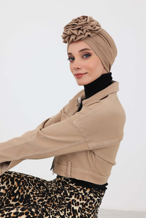 Elegant Rose-Detail Winter Turban Bonnet for Women, Soft Polyviscose Stretch Headwrap, Floral Accent Winter Turban Bonnet,B-21IV