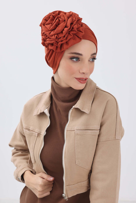 Stylish Rose Design Winter Bonnet for Women, Stretchable Ribbed Instant Turban for Cold Weather, Rose Accent Chemo Headwear,B-21RB