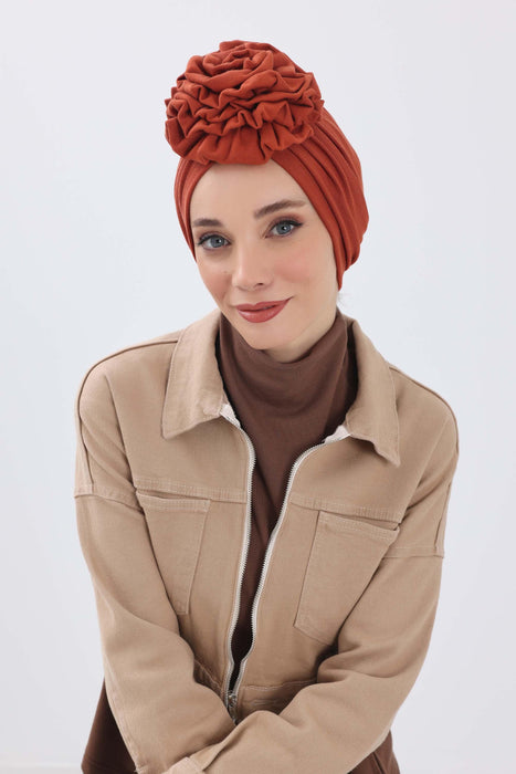 Stylish Rose Design Winter Bonnet for Women, Stretchable Ribbed Instant Turban for Cold Weather, Rose Accent Chemo Headwear,B-21RB