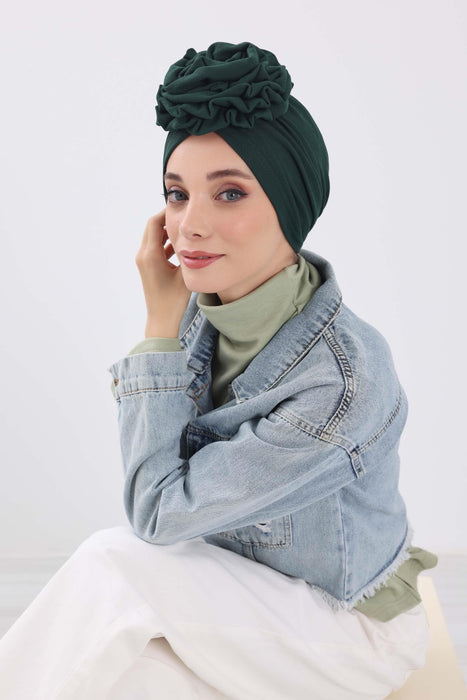 Stylish Rose Design Winter Bonnet for Women, Stretchable Ribbed Instant Turban for Cold Weather, Rose Accent Chemo Headwear,B-21RB