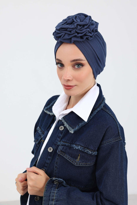 Stylish Rose Design Winter Bonnet for Women, Stretchable Ribbed Instant Turban for Cold Weather, Rose Accent Chemo Headwear,B-21RB