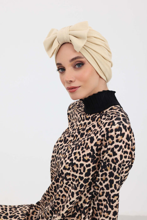 Comfortable Winter Turban Bonnet with Detachable Bowtie, One-Size Removable Bow Turban for Cold Weather, Cozy Ribbed Instant Turban,B-27RB