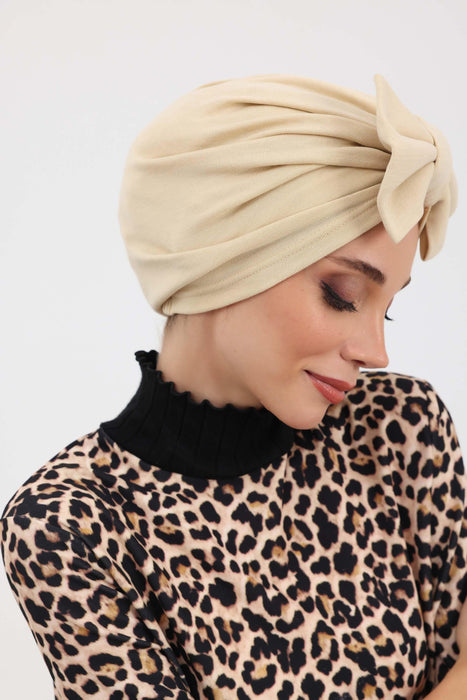 Comfortable Winter Turban Bonnet with Detachable Bowtie, One-Size Removable Bow Turban for Cold Weather, Cozy Ribbed Instant Turban,B-27RB