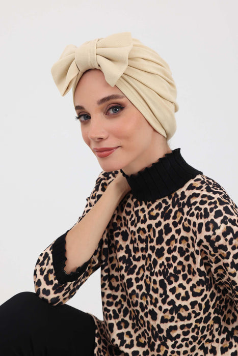 Comfortable Winter Turban Bonnet with Detachable Bowtie, One-Size Removable Bow Turban for Cold Weather, Cozy Ribbed Instant Turban,B-27RB