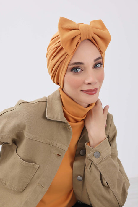 Comfortable Winter Turban Bonnet with Detachable Bowtie, One-Size Removable Bow Turban for Cold Weather, Cozy Ribbed Instant Turban,B-27RB