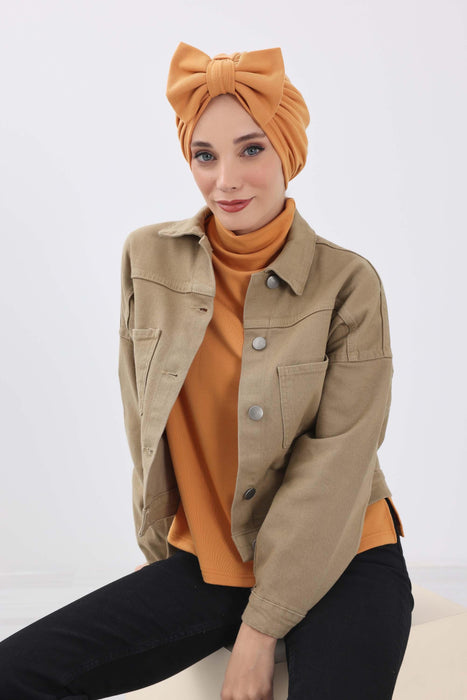 Comfortable Winter Turban Bonnet with Detachable Bowtie, One-Size Removable Bow Turban for Cold Weather, Cozy Ribbed Instant Turban,B-27RB