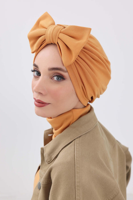 Comfortable Winter Turban Bonnet with Detachable Bowtie, One-Size Removable Bow Turban for Cold Weather, Cozy Ribbed Instant Turban,B-27RB