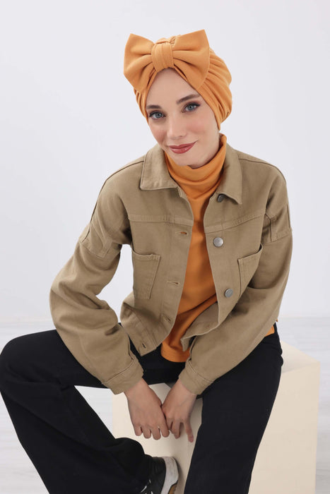 Comfortable Winter Turban Bonnet with Detachable Bowtie, One-Size Removable Bow Turban for Cold Weather, Cozy Ribbed Instant Turban,B-27RB