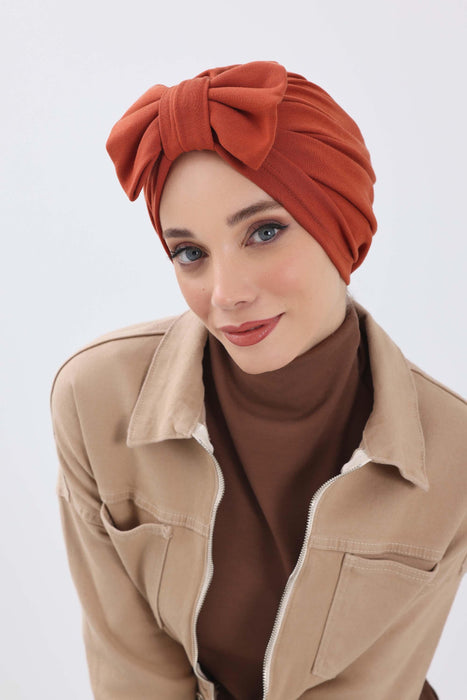 Comfortable Winter Turban Bonnet with Detachable Bowtie, One-Size Removable Bow Turban for Cold Weather, Cozy Ribbed Instant Turban,B-27RB