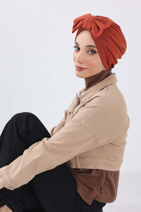 Comfortable Winter Turban Bonnet with Detachable Bowtie, One-Size Removable Bow Turban for Cold Weather, Cozy Ribbed Instant Turban,B-27RB