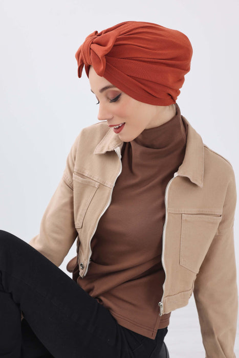 Comfortable Winter Turban Bonnet with Detachable Bowtie, One-Size Removable Bow Turban for Cold Weather, Cozy Ribbed Instant Turban,B-27RB