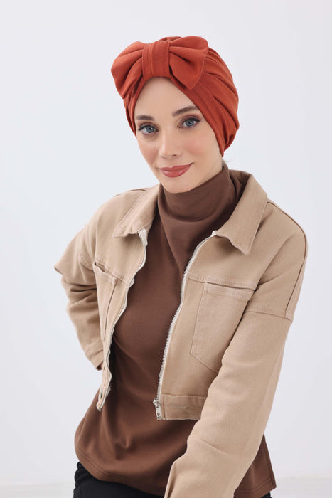 Comfortable Winter Turban Bonnet with Detachable Bowtie, One-Size Removable Bow Turban for Cold Weather, Cozy Ribbed Instant Turban,B-27RB