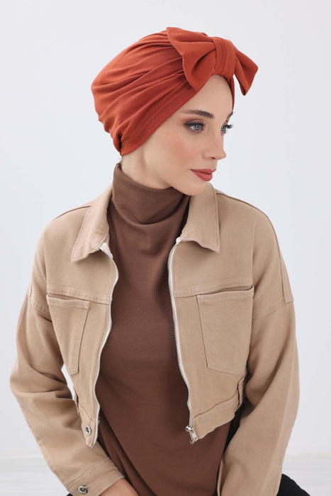 Comfortable Winter Turban Bonnet with Detachable Bowtie, One-Size Removable Bow Turban for Cold Weather, Cozy Ribbed Instant Turban,B-27RB