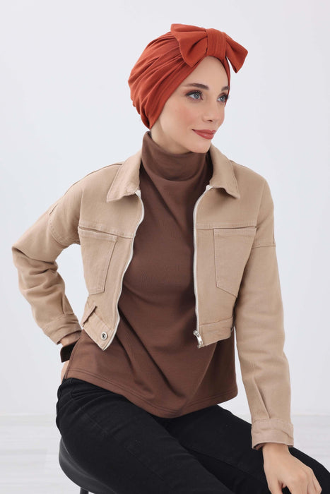 Comfortable Winter Turban Bonnet with Detachable Bowtie, One-Size Removable Bow Turban for Cold Weather, Cozy Ribbed Instant Turban,B-27RB