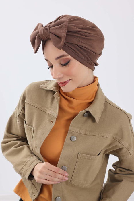 Comfortable Winter Turban Bonnet with Detachable Bowtie, One-Size Removable Bow Turban for Cold Weather, Cozy Ribbed Instant Turban,B-27RB