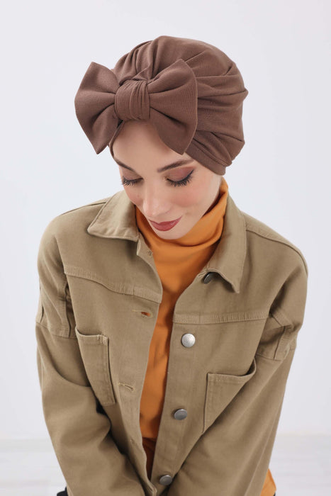 Comfortable Winter Turban Bonnet with Detachable Bowtie, One-Size Removable Bow Turban for Cold Weather, Cozy Ribbed Instant Turban,B-27RB