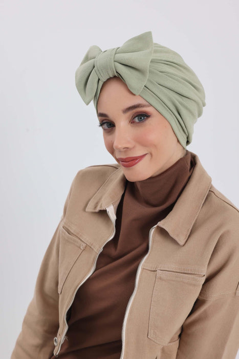 Comfortable Winter Turban Bonnet with Detachable Bowtie, One-Size Removable Bow Turban for Cold Weather, Cozy Ribbed Instant Turban,B-27RB