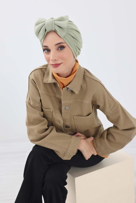 Comfortable Winter Turban Bonnet with Detachable Bowtie, One-Size Removable Bow Turban for Cold Weather, Cozy Ribbed Instant Turban,B-27RB