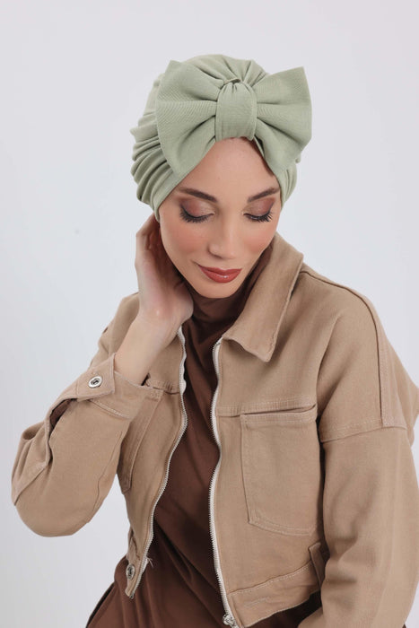 Comfortable Winter Turban Bonnet with Detachable Bowtie, One-Size Removable Bow Turban for Cold Weather, Cozy Ribbed Instant Turban,B-27RB