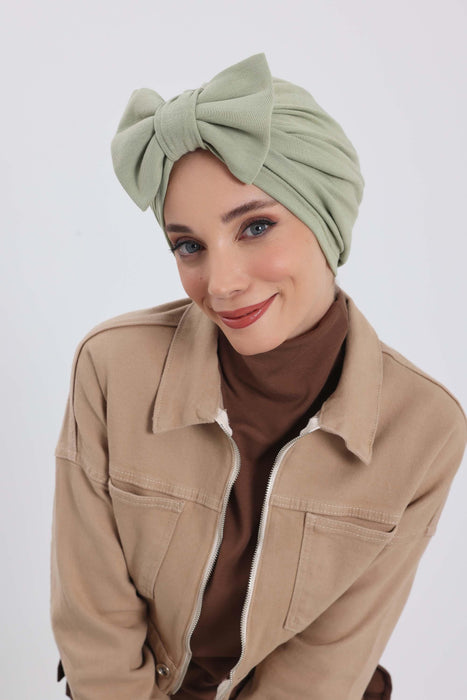 Comfortable Winter Turban Bonnet with Detachable Bowtie, One-Size Removable Bow Turban for Cold Weather, Cozy Ribbed Instant Turban,B-27RB