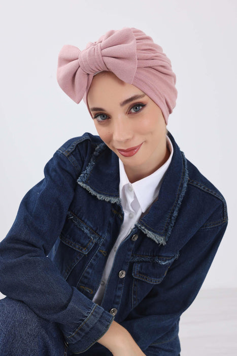 Comfortable Winter Turban Bonnet with Detachable Bowtie, One-Size Removable Bow Turban for Cold Weather, Cozy Ribbed Instant Turban,B-27RB