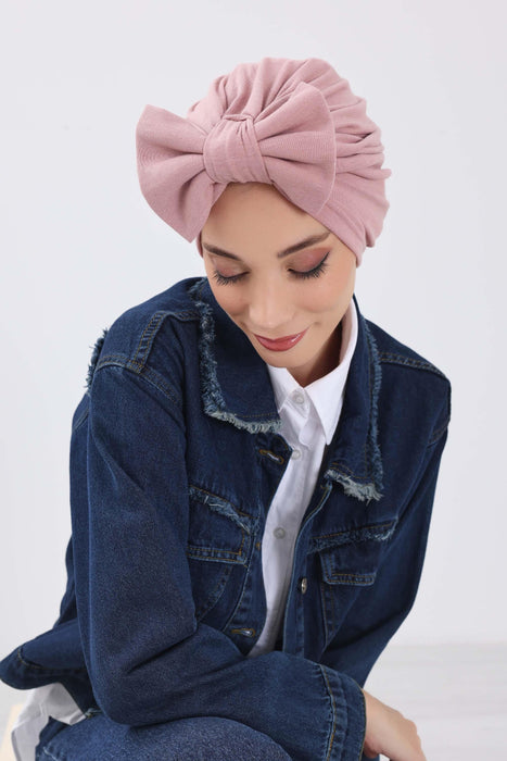 Comfortable Winter Turban Bonnet with Detachable Bowtie, One-Size Removable Bow Turban for Cold Weather, Cozy Ribbed Instant Turban,B-27RB