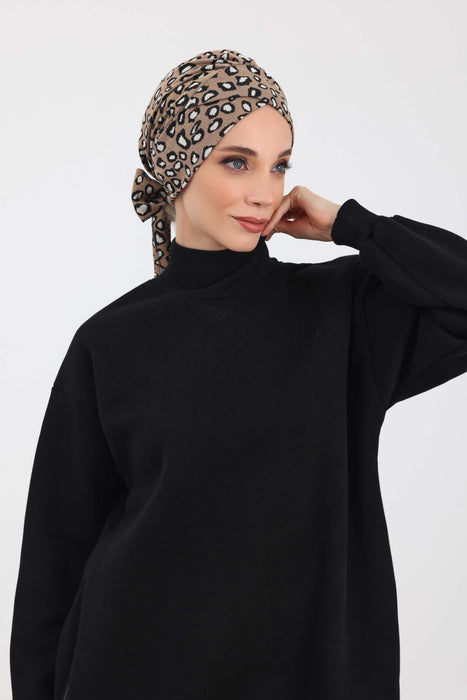 Patterned Winter Turban Bonnet with Back-Tie, Cozy Polyviscose Headwrap for Women, Houndstooth & Leopard Print Instant Turban Bonnet,B-31DIV