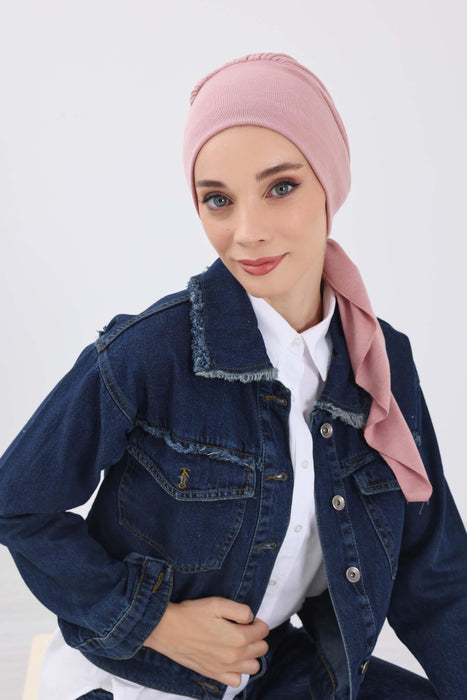 Women's Adjustable Ribbed Turban Bonnet with Long Tail, Instant Winter Turban Bonnet with Tie-Back Tail, Fashionable Women Hijab,B-49RB