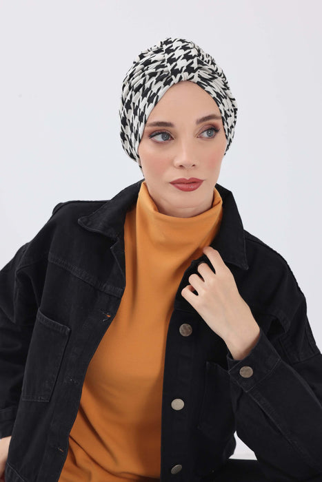 Chic Knot Detail Winter Turban Bonnet for Women, Cozy Houndstooth & Leopard Patterned Headwrap, Elegant Winter Turban Bonnet Cap,B-68DIV