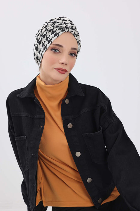 Chic Knot Detail Winter Turban Bonnet for Women, Cozy Houndstooth & Leopard Patterned Headwrap, Elegant Winter Turban Bonnet Cap,B-68DIV