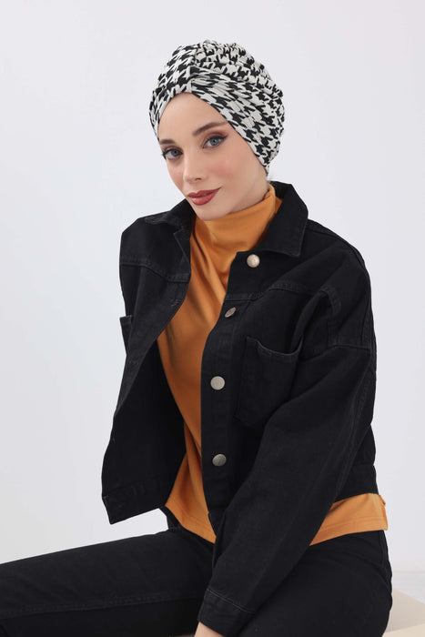 Chic Knot Detail Winter Turban Bonnet for Women, Cozy Houndstooth & Leopard Patterned Headwrap, Elegant Winter Turban Bonnet Cap,B-68DIV