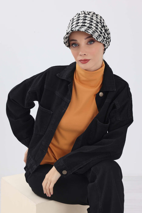 Stylish Winter Visor Turban Hat with Houndstooth & Leopard Prints, Cozy Polyviscose Visor Turban Hat, Warm Winter Headwrap for Women,B-73DIV