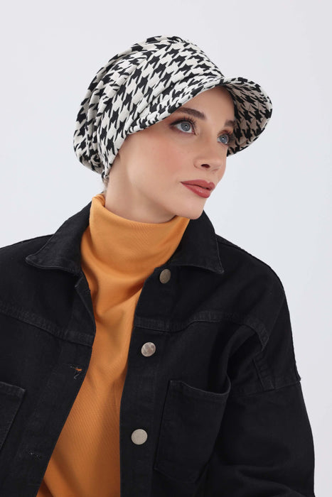 Stylish Winter Visor Turban Hat with Houndstooth & Leopard Prints, Cozy Polyviscose Visor Turban Hat, Warm Winter Headwrap for Women,B-73DIV