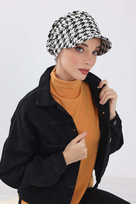 Stylish Winter Visor Turban Hat with Houndstooth & Leopard Prints, Cozy Polyviscose Visor Turban Hat, Warm Winter Headwrap for Women,B-73DIV