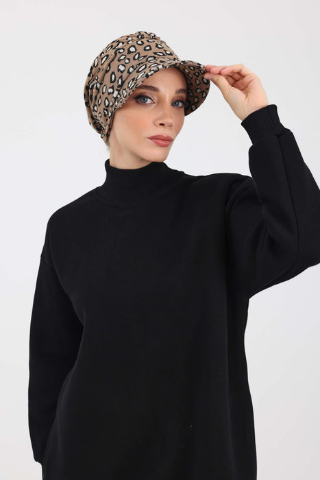 Stylish Winter Visor Turban Hat with Houndstooth & Leopard Prints, Cozy Polyviscose Visor Turban Hat, Warm Winter Headwrap for Women,B-73DIV