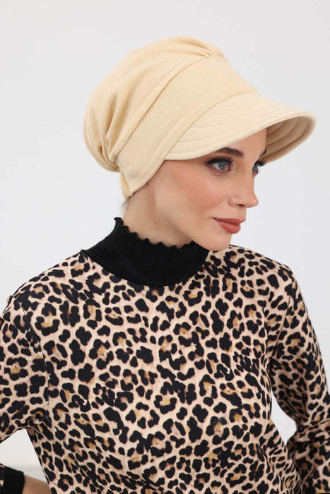 Stylish Visor Hijab Turban for Winter, Ribbed Polyviscose Instant Turban Bonnet for Women, Warm Winter Turban with Built-In Visor,B-73IV