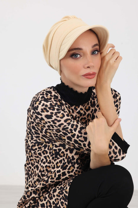 Stylish Visor Hijab Turban for Winter, Ribbed Polyviscose Instant Turban Bonnet for Women, Warm Winter Turban with Built-In Visor,B-73IV