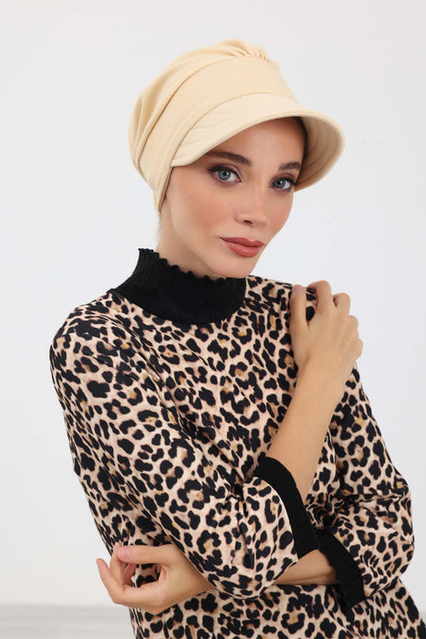 Stylish Visor Hijab Turban for Winter, Ribbed Polyviscose Instant Turban Bonnet for Women, Warm Winter Turban with Built-In Visor,B-73IV