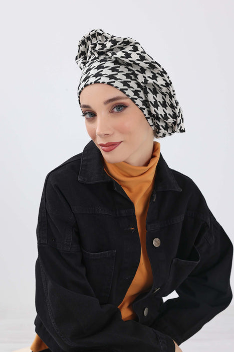 French-Style Winter Turban Headwrap, Houndstooth & Leopard Printed Women Winter Turban, Elegant French-Influenced Winter Headwrap,B-79