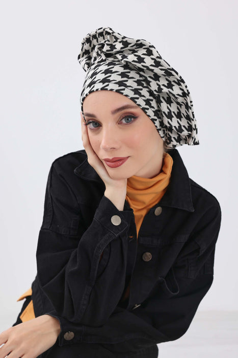 French-Style Winter Turban Headwrap, Houndstooth & Leopard Printed Women Winter Turban, Elegant French-Influenced Winter Headwrap,B-79