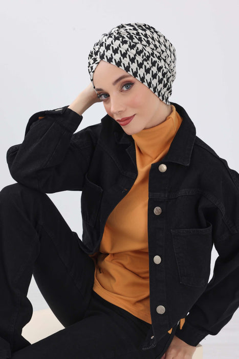 Winter Turban Bonnet with Leopard & Houndstooth Patterns, Soft Polyviscose High Quality Hijab Headwrap for Cold Weather,B-9DIV