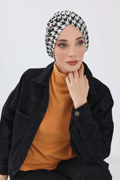 Winter Turban Bonnet with Leopard & Houndstooth Patterns, Soft Polyviscose High Quality Hijab Headwrap for Cold Weather,B-9DIV