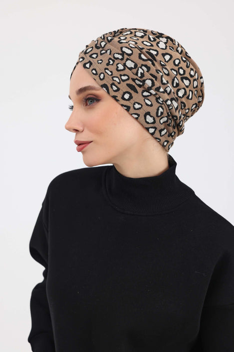 Winter Turban Bonnet with Leopard & Houndstooth Patterns, Soft Polyviscose High Quality Hijab Headwrap for Cold Weather,B-9DIV