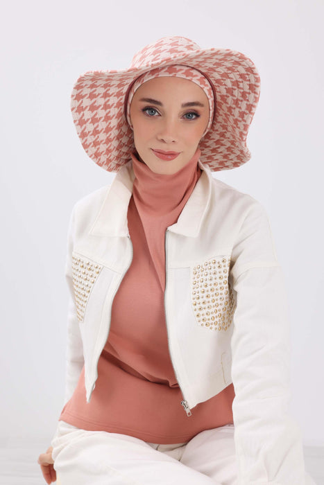 Leopard & Houndstooth Pattern Turban Sun Hat with Detachable Elastic-Fit Visor, Sun Protective Head Cover for Women,S-3DIV