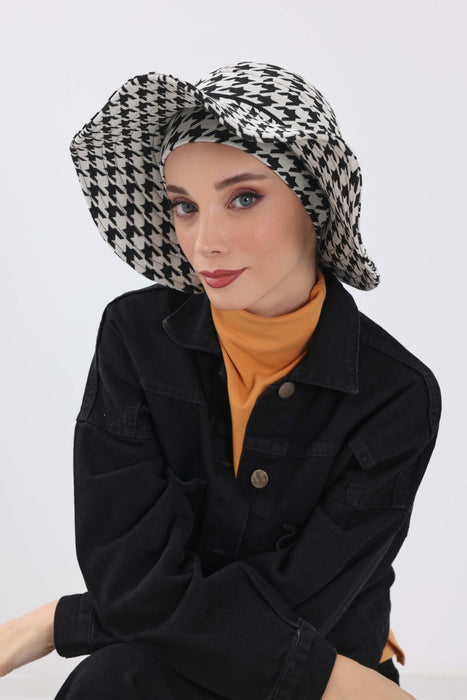 Leopard & Houndstooth Pattern Turban Sun Hat with Detachable Elastic-Fit Visor, Sun Protective Head Cover for Women,S-3DIV